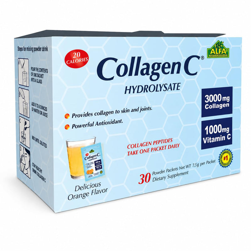 ALFA VITAMINS Collagen C Peptides Hydrolysate Powder Supplement, Vitamin C 1000mg, Gluten Free Hydrolyzed Collagen for Skin, Hair, Nails, Joint & Bone Support, Antioxidant, 30 Sachets per Box, 1 Pack