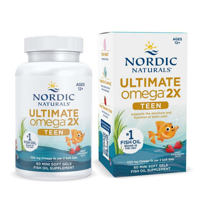 [Australia] - Nordic Naturals Ultimate Omega 2X Teen, Strawberry - 60 Mini Soft Gels - 1120 mg Total Omega-3s with EPA & DHA - Brain Health, Positive Mood, Social Development, Learning - Non-GMO - 30 Servings 