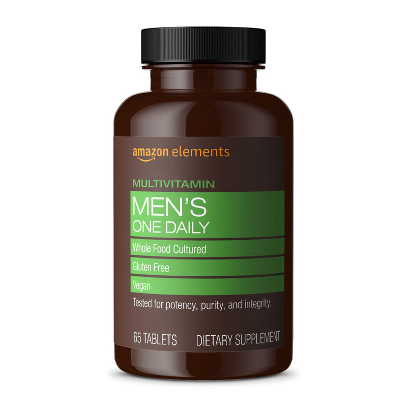 Amazon Basics Men’s One Daily Multivitamin, 62% Whole Food Cultured, Vegan, 65 Tablets, 2 month supply, Packaging May Vary (Previously Amazon Elements) Mens One Daily 65 Count (Pack of 1)