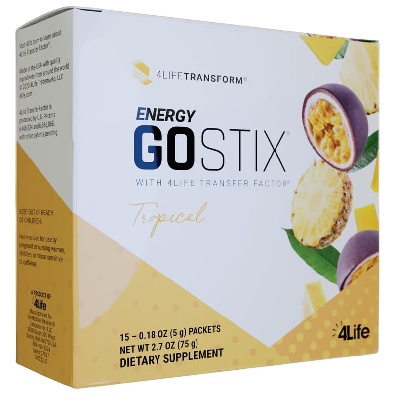 4Life Energy Go Stix Tropical Drink Mix with Amino Acids, 15 Packets | Tropical flavor, Green tea, Yerba mate, Ginseng, Guarana, Maca, Energy supplement, Endurance, Portable stick packs