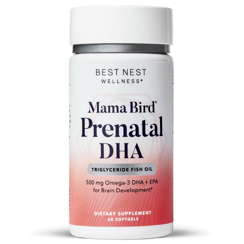 [Australia] - Best Nest Wellness Mama Bird Prenatal DHA Vitamin, Prenatal Omega 3 DHA Supplements, Supports Baby's Brain & Eye Development, 500 mg Triglyceride Fish Oil, Easy to Swallow Lemon Flavor Softgels, 60 Ct Fish Oil DHA 