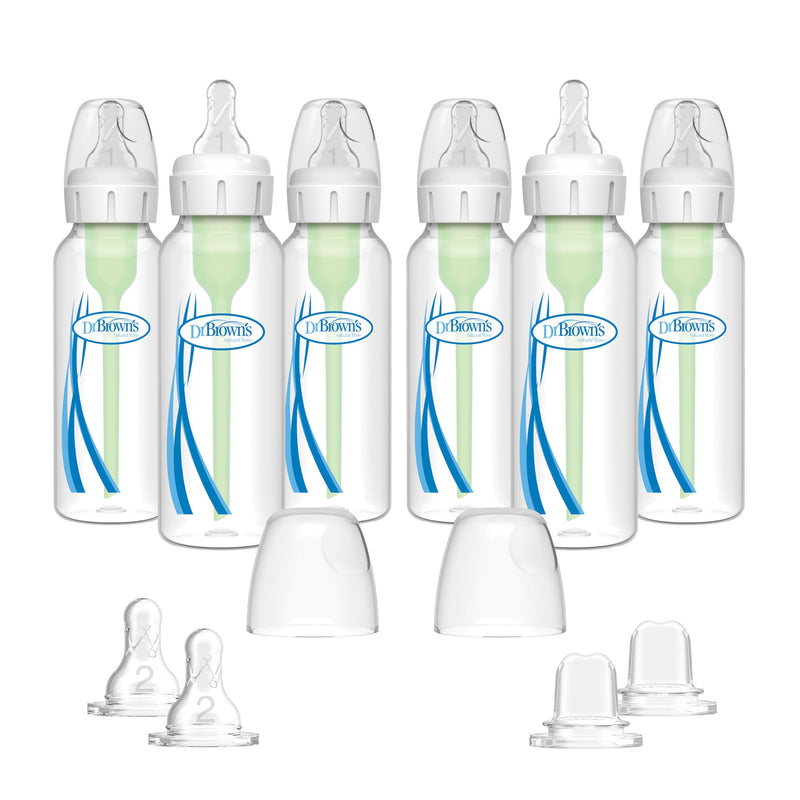 [Australia] - Dr. Brown's Options Plus Baby Bottles, 8 Ounce, 6 Count Plus 2 Bonus Level 2 Nipples and Sippy Spouts Clear 12 Piece Set 
