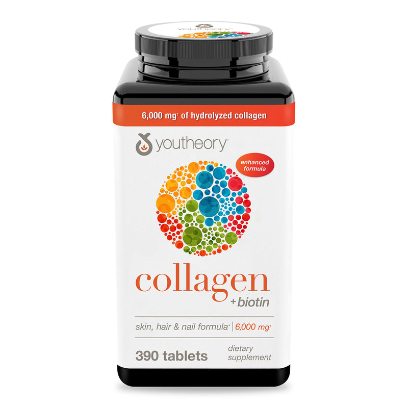 Youtheory Collagen + Biotin - Advanced Collagen Supplement - with Hydrolyzed Peptides, Vitamin C & Vitamin B - Supports Hair Growth, Nail Health & Anti-Aging* - 390 Tablets