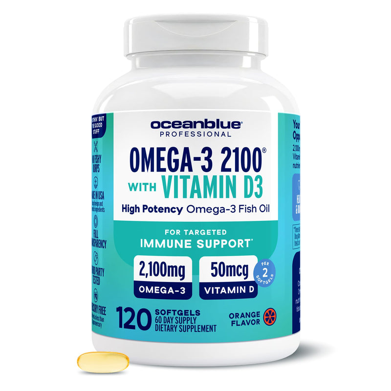 Oceanblue Professional Omega-3 2100 with Vitamin D3 - Triple Strength DPA EPA DHA Omega 3 Supplement - Burpless Wild Caught Fish Oil - Orange Flavor, 120 Count (60 Servings) 120 Count (Pack of 1)