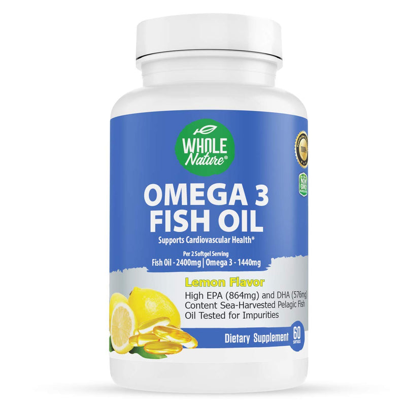 Omega 3 Fish Oil Supplements, Maximum Strength 2400 mg Omega-3, 1440mg Fish Oil, EPA DHA Fatty Acids, Heart Health, Vision, Eye, Brain, Immune Support for Women & Men. Natural Lemon Flavor, 60 ct (1) 1