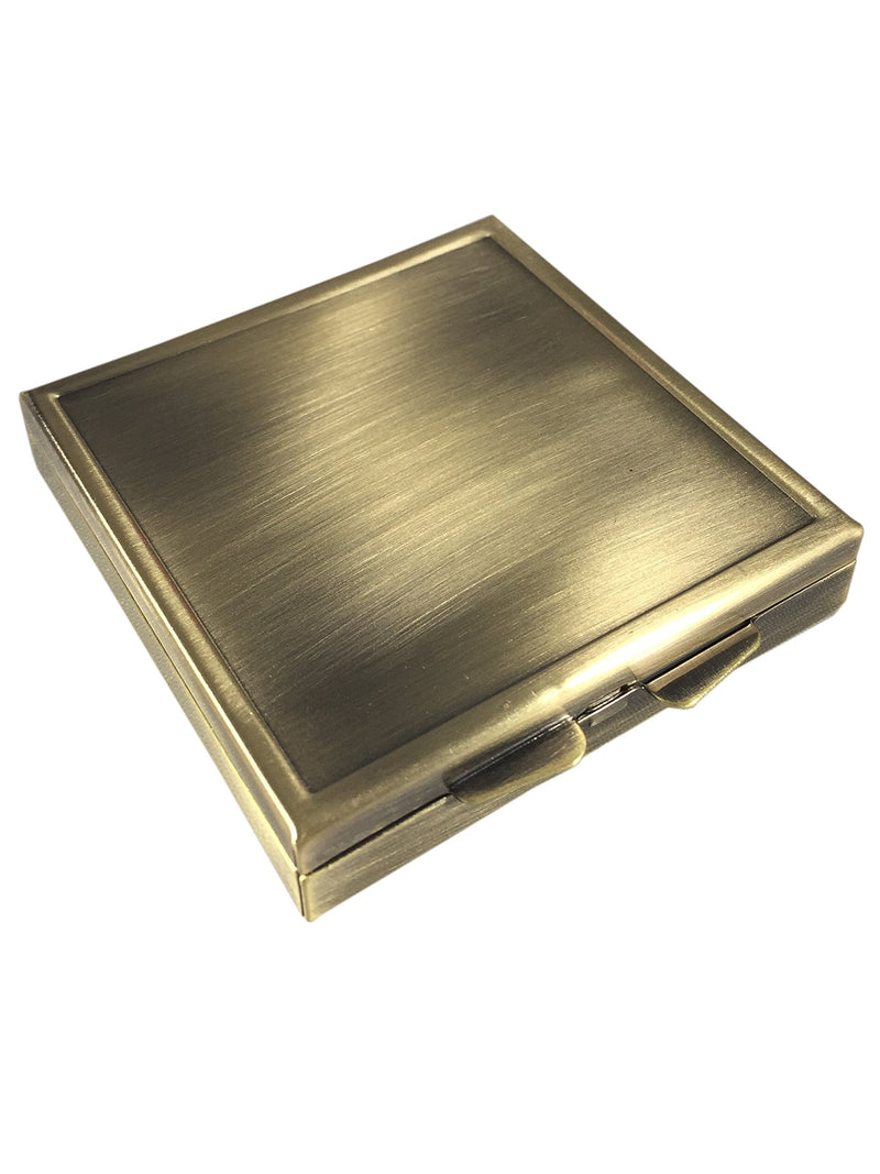 Elegant Brass Pill Box with Four Compartments – Compact 2.5 Inch Square Travel Pill Organizer – Stylish and Durable Case for Daily Pills, Vitamins, and Supplements