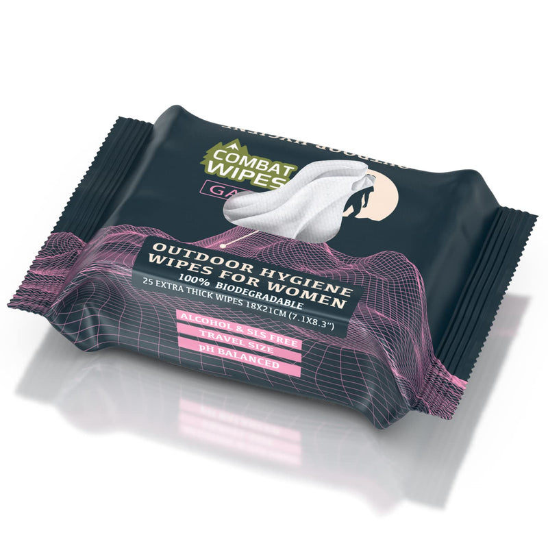 [Australia] - Combat Wipes Gaia - Feminine Hygiene Outdoor Wet Wipes - Extra Thick, Ultralight, Biodegradable, pH Balanced Body & Hand Cleansing Cloths for Women w/Aloe (1 Pack, 25 Wipes) 25 Count (Pack of 1). 