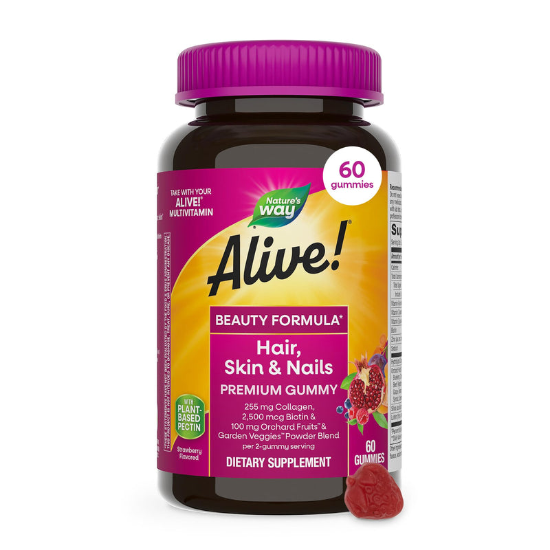 Nature's Way Alive! Premium Hair, Skin & Nails Gummies, Strawberry, 60 ct | Daily Gummy with Collagen and Biotin, Advanced Beauty Formula Supplement with High Potency Antioxidant Vitamins C & E*