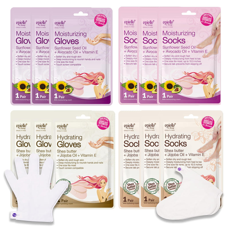 [Australia] - Epielle Hydrating & Moisturizing Hand & Foot Masks 12 Pairs, Relieve and Soften Dry Hands & Cracked Heels with Shea Butter & Sunflower Seed Oil, Korean Skin Care, Spa Set, Self Care Gifts for Women Hydrating & Moisturizing Gloves & Socks 