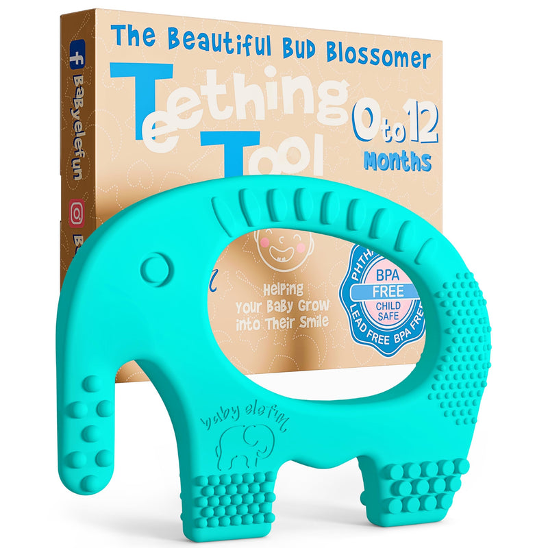 [Australia] - Teething Toys for Babies Age 0 to 12 Months - Baby Elefun 5X Pain Relief Smart Teether - Zero Developmental Delay Silicone Baby Teething Toy Ring - Cute Infant Shower Gift Chew Toy for Babies 0-6 Мonths 0-6 Turquoise 
