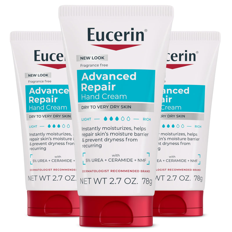 Eucerin Advanced Repair Hand Cream, Urea Enriched, Multipack, 3 x 2.7 OZ | Hand Cream for Dry Hands and Very Dry Skin, with Urea, Ceramide and NMF, Travel Size Hand Cream, Fragrance Free 2.7 Ounce (Pack of 3)