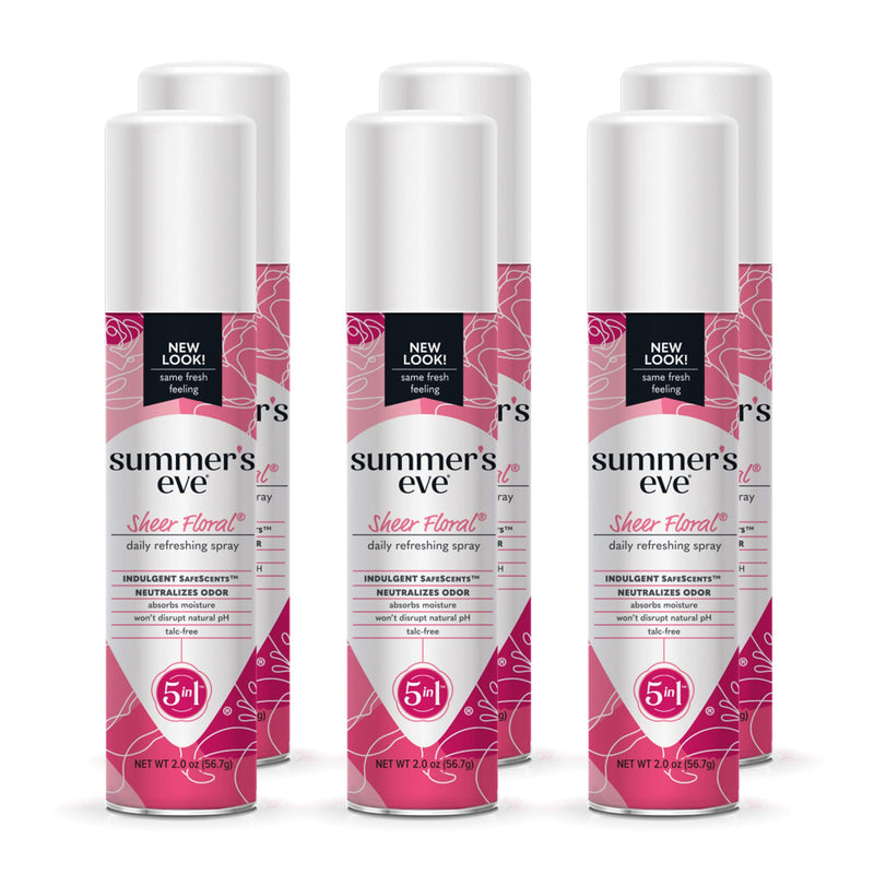 Summer’s Eve Sheer Floral Feminine Freshening Spray, Daily Intimate Deodorant, Neutralizes Odor, pH Balanced, Talc Free, Gentle Fresh Scent, 2 Ounce (Pack of 6)