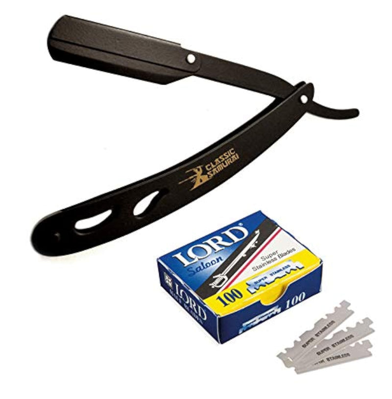 [Australia] - CS-102 Stainless Steel Professional Barber Straight Edge Shavette Cut Throat Razor (Matte Black + 100 Lord Blades) 