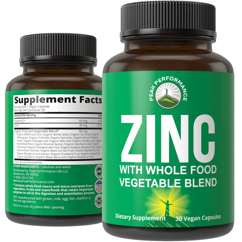 Peak Performance Vegan Zinc Supplement with Vitamin C + Whole Food Blend of | 25 Vegetables and Fruits for Max Absorption. Zinc Supplements 30mg Capsules, Pills, Vitamins for Adults Both Men and Women