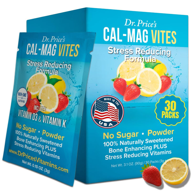 Dr. Price's Vitamins Cal Mag Supplement Powder, Strawberry Lemon, 30 Pack | Calcium Magnesium Supplement, Vitamin D3, K2 & Boron, Bone & Muscle Support, Sugar Free, Made in USA, Doctor-Formulated 3.17 Ounce (Pack of 1)