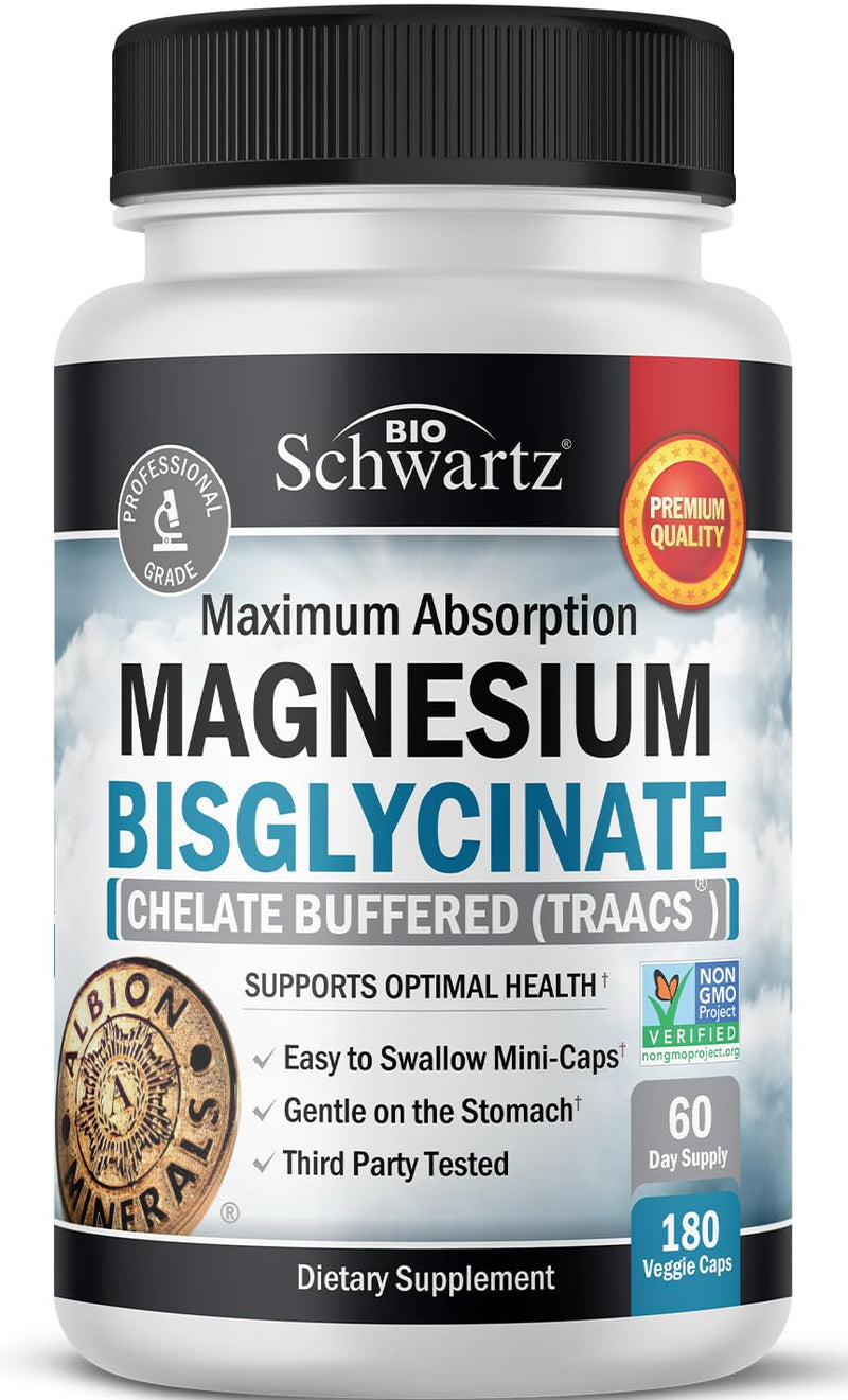 [Australia] - Magnesium Bisglycinate 100% Chelate No-Laxative Effect - Maximum Absorption Magnesium Supplement - Fully Reacted & Buffered for Energy Muscle Bone & Joint Support - Non-GMO Project Verified -180ct 180 Count (Pack of 1) 