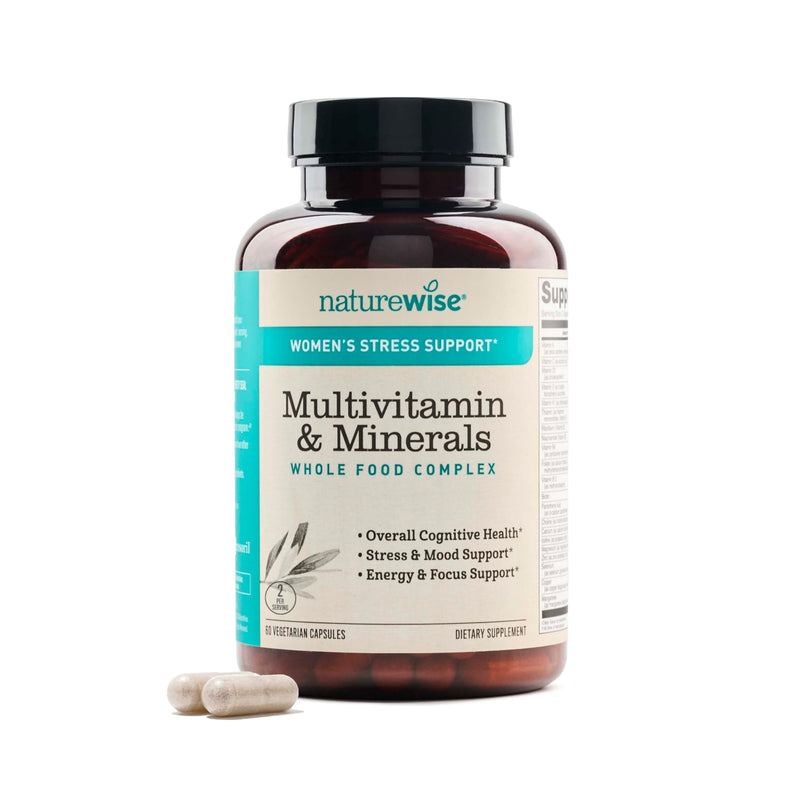 NatureWise Multivitamin for Women + Stress Support with Organic Whole Foods & Natural Minerals - B-Complex + Vitamin C + D3 K2 for Immunity, Hair, Skin & Nails - Non-GMO - 60 Capsules[30-Day Supply] 60 Count (Pack of 1) Probiotics