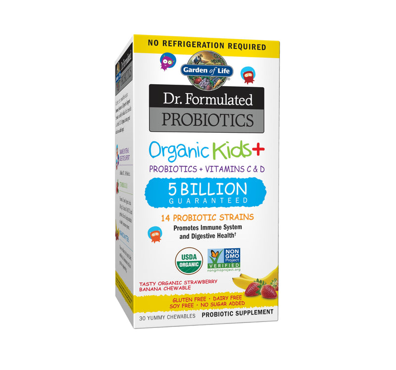 [Australia] - Garden of Life Dr. Formulated Probiotics Organic Kids+ plus Vitamin C & D, Strawberry Banana, Gluten Dairy & Soy Free Immune & Digestive Health Supplement, No Added Sugar, 30 Chewables (Shelf Stable) 