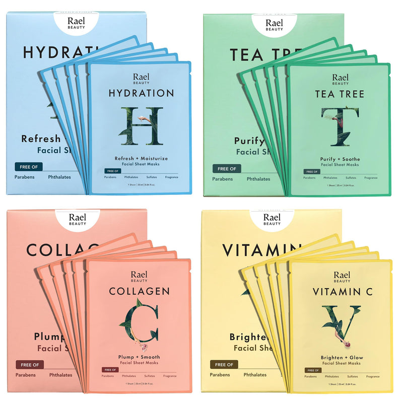 Rael Facial Masks Hydrating & Soothing Skincare Daily Beauty Essentials | Vitamin C, Collagen, Tea Tree, Moisturizing, Nourishing, Bamboo Sheets, Korean Skin Care, All Skin Types (Variety Set, 20 Ct) Variety