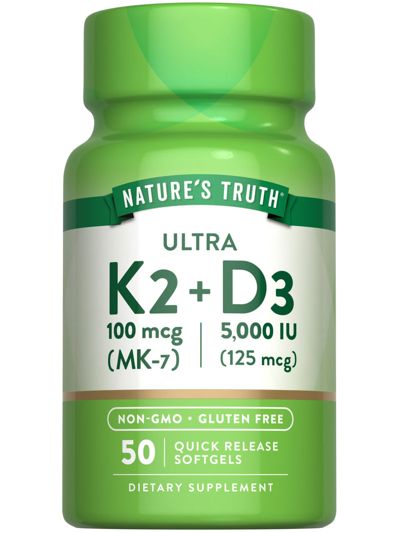 [Australia] - Nature's Truth Vitamin K2 MK7 Complex | 100 mcg | 50 Softgels | with D3 | Non-GMO & Gluten Free Supplement 50 Count (Pack of 1) 
