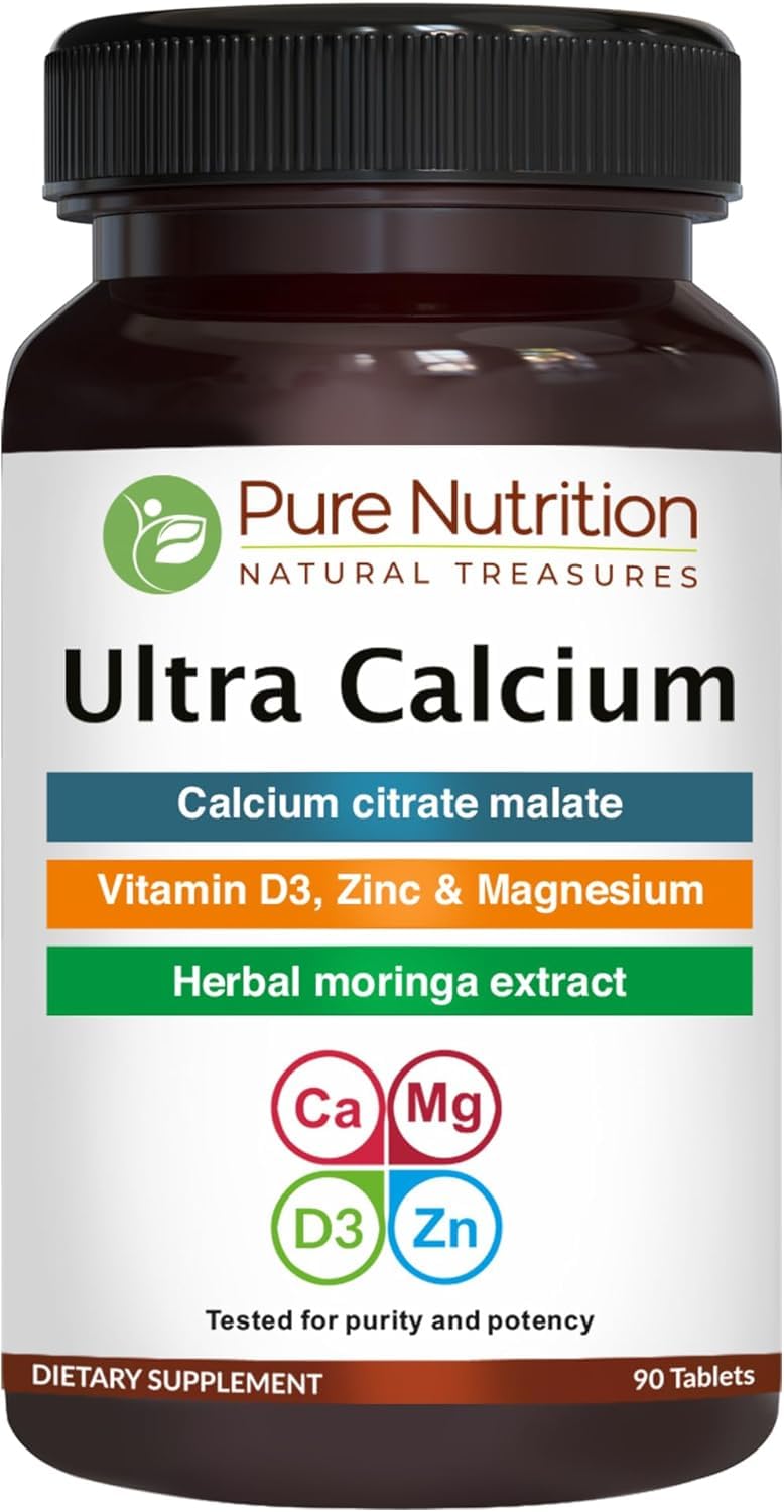 Pure Nutrition Ultra Calcium 1000mg with VIT D3 + K | 90 Tab | Calcium Supplement with Calcium Citrate Malate, VIT D3, K, Moringa Oleifera, Magnesium and Zinc. 90 Count (Pack of 1)