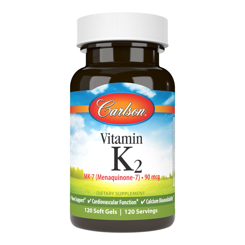 Carlson Vitamin K2 MK-7 (Menaquinone), 90 mcg, Bone Support, 120 Softgels | Calcium Bioavailability; K2 Vitamin; Vitamin K-2 120 Count (Pack of 1)