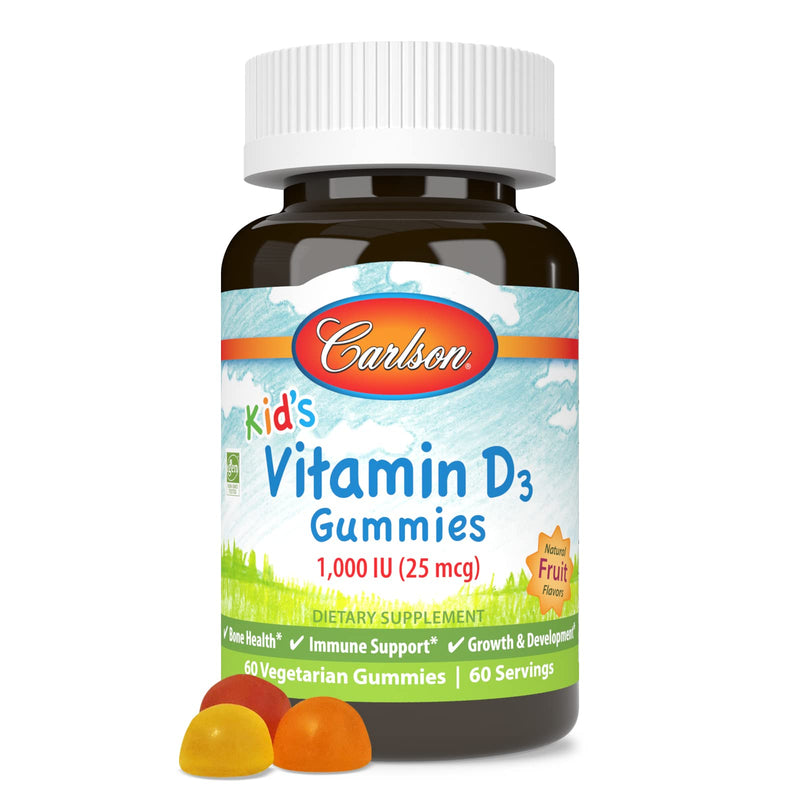 Carlson Kid's Vitamin D3 Gummies, 1000 IU (25 mcg), 60 Vegetarian Gummies | Mixed Fruit; Bone Health; Calcium Absorption; Non-GMO 60 Count (Pack of 1)