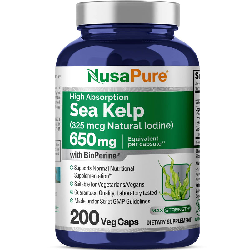 [Australia] - NusaPure Sea Kelp Iodine 325mcg per Veggie Capsule 200 Count (Non-GMO, Gluten Free, Organic Kelp, Bioperine) 