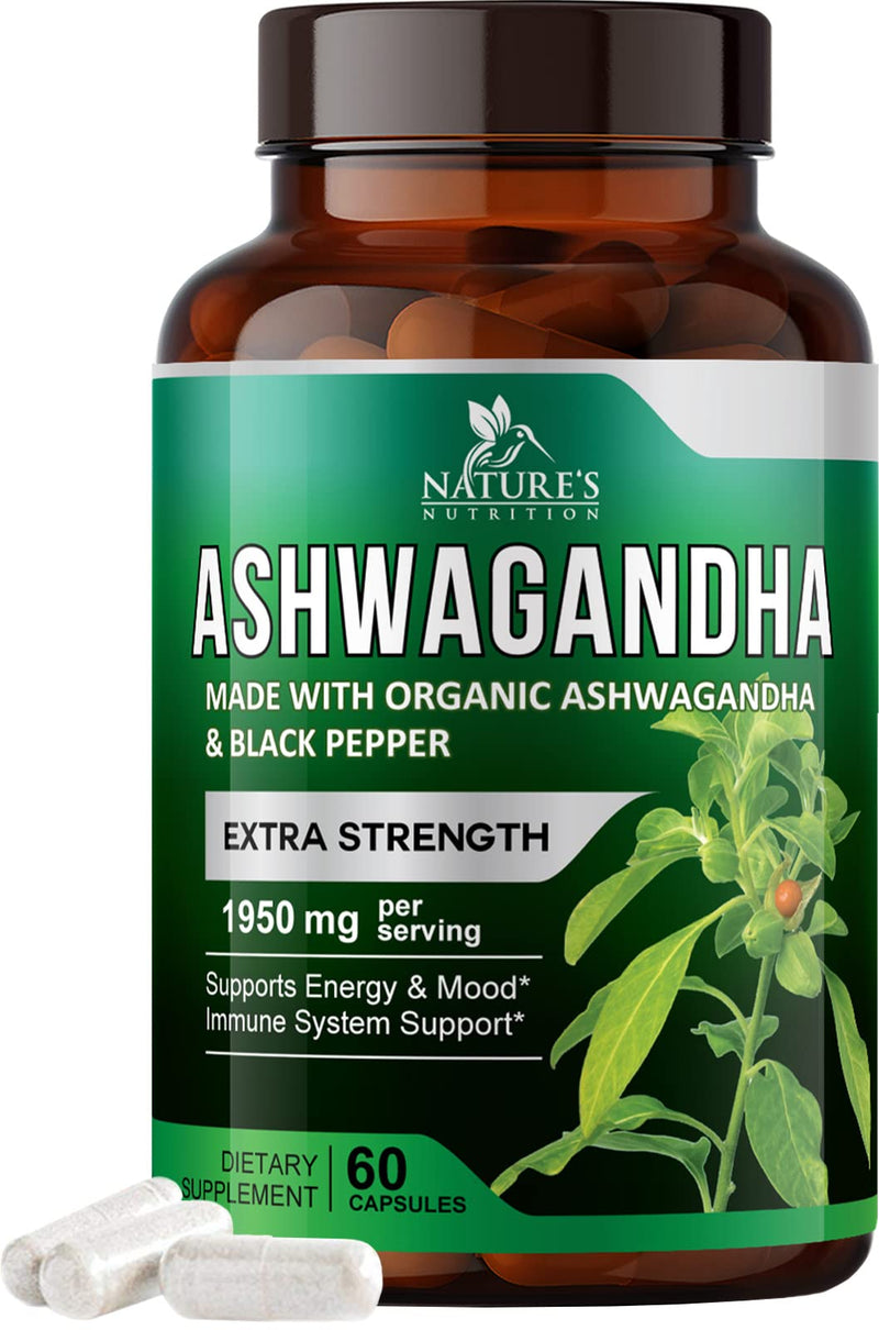 [Australia] - Nature's Nutrition Organic Ashwagandha Capsules Extra Strength 1950mg - Stress Support Formula - Natural Mood Support - Focus & Energy Support Supplement - 60 Capsules 60 Count (Pack of 1) 