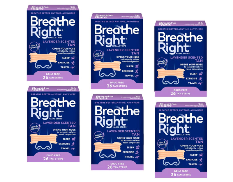 [Australia] - Breathe Right Calming Lavender Scented Drug-Free Nasal Strips for Nasal Congestion Relief, 6 Pack of 26, 156 Count Total 