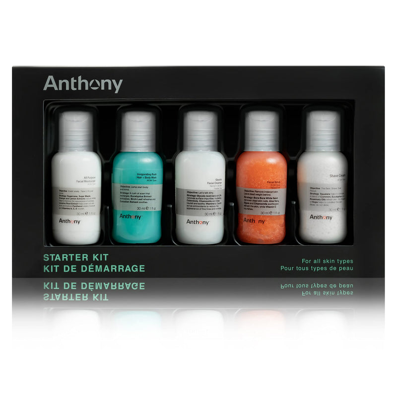 [Australia] - Anthony Starter Kit, 5 Count, Glycolic Facial Cleanser, Facial Scrub, All Purpose Facial Moisturizer, Invigorating Rush Hair & Body Wash, Shave Cream 