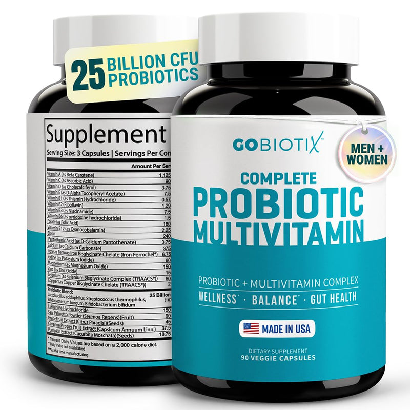 GOBIOTIX Multivitamin with Probiotics and Digestive Enzymes - 25 Billion CFU - Digestive Health, Probiotics for Women and Men - Gluten Free Pills - 90 Capsules 90 Count (Pack of 1)