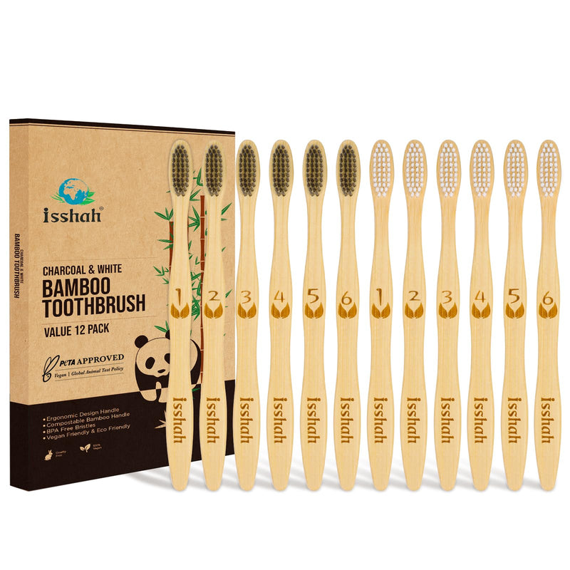 [Australia] - Biodegradable Eco-Friendly Natural Bamboo Charcoal Toothbrushes, FSC Certified and PETA Approved - 12 Count 