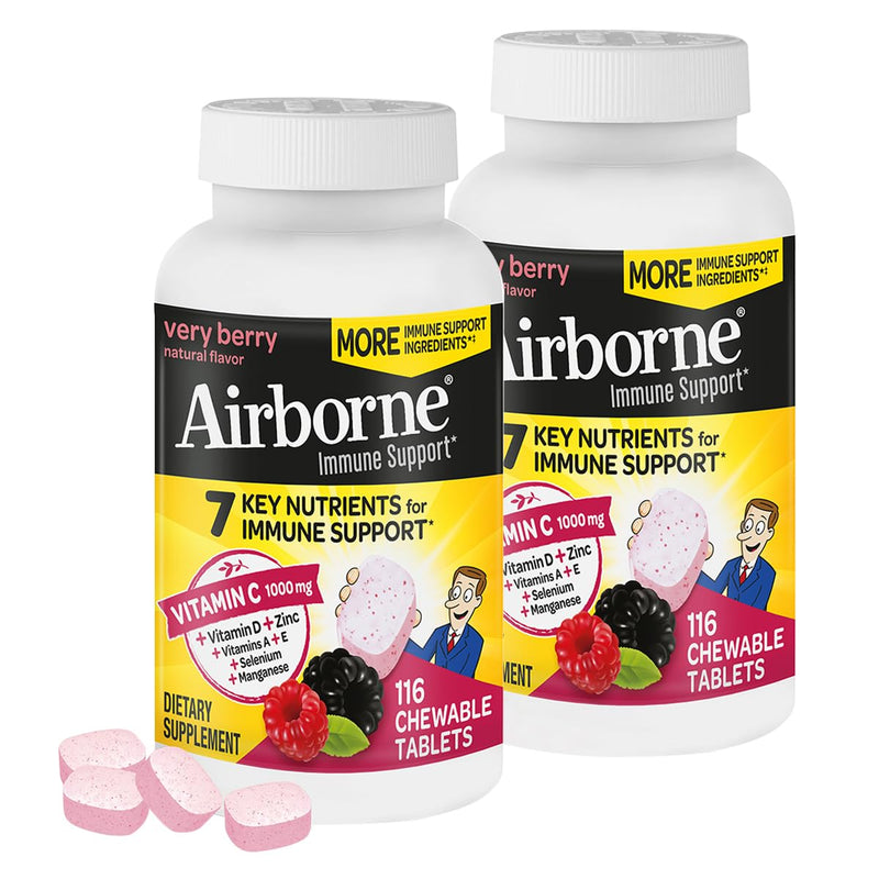 [Australia] - Airborne 1000mg Vitamin C + Zinc Immune Support Supplement Chewable Tablets, Very Berry Flavor with Powerful Antioxidants Vitamins A C & E, 116 Chewable Tablets (2 Pack) 116 Count (Pack of 2) 