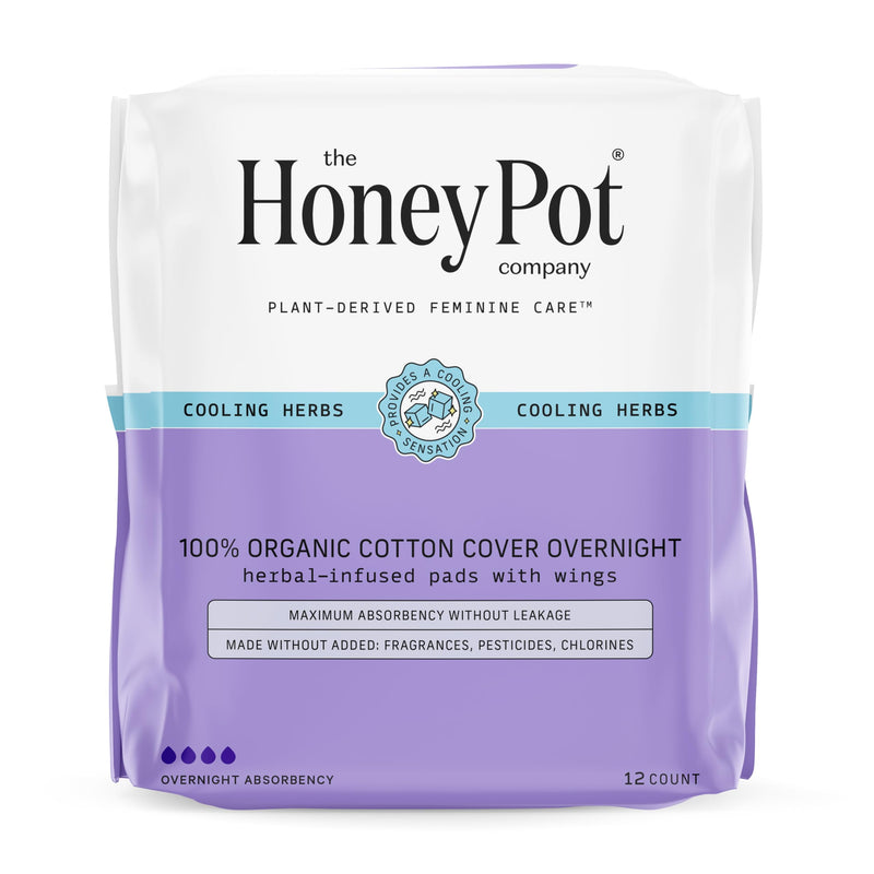 [Australia] - The Honey Pot Company - Herbal Pads for Women - Overnight Pads w/Wings - Infused w/Essential Oils for Cooling Effect & Organic Cotton Cover - Sanitary Pads - Feminine Care - FSA & HSA - 12 ct 12 Count (Pack of 1) Herbal Overnight 