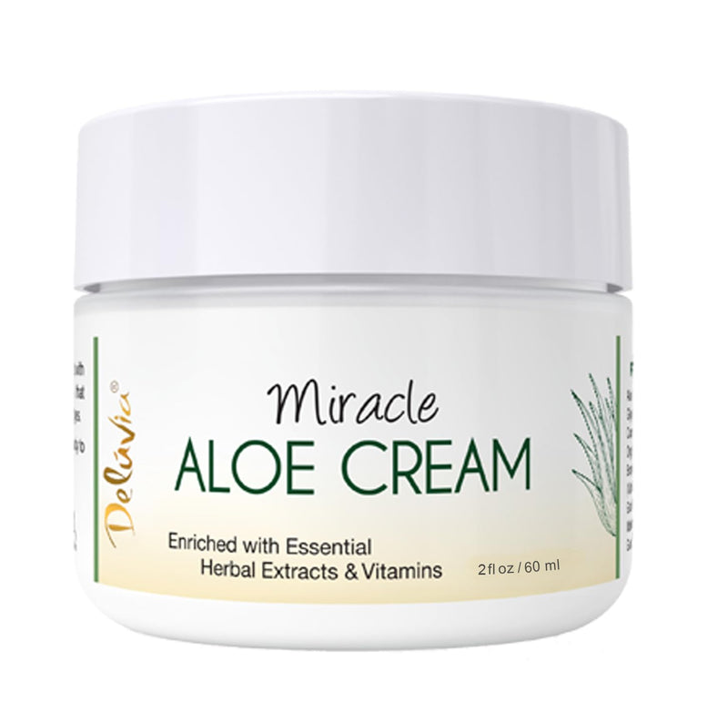 Deluvia Miracle Aloe Cream | Face & Body Moisturizer with Organic Aloe Vera | Hydrating for Dry, Itchy Skin, Problem Skin, Anti-Wrinkle, Soothes Symptoms of Psoriasis, Eczema, Non-Greasy Unscented 2 Ounce (Pack of 1)