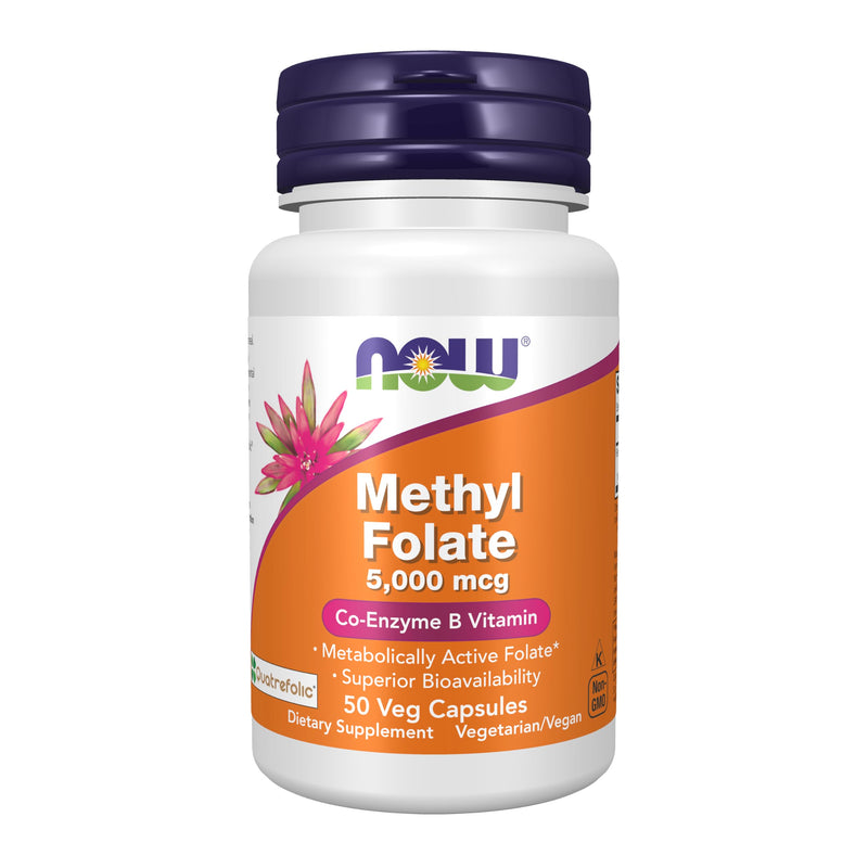 NOW Supplements, Methyl Folate 5000 mcg, Superior Bioavailability, 50 Veg Capsules 50 Count (Pack of 1)