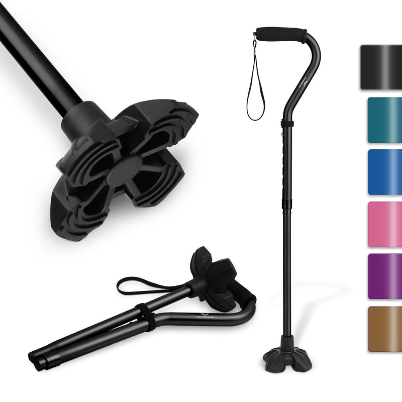 [Australia] - KINGGEAR F1 Walking Stick, Walking Cane for Women & Men, Self Standing Walkers for Seniors with Wrist Strap, Lightweight & Sturdy Offset EVA Handle and Large Quad Base Black 