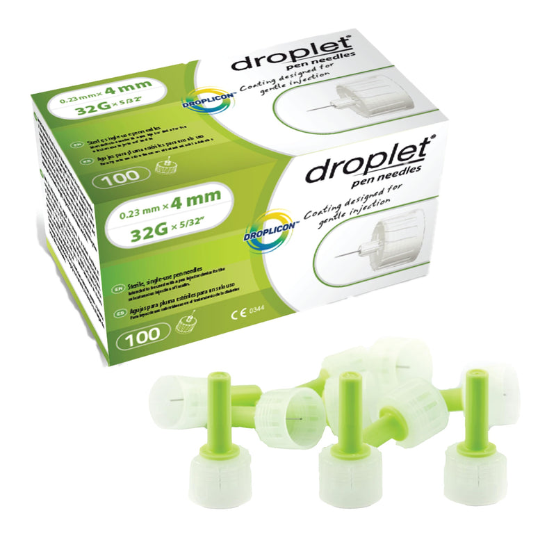 [Australia] - Droplet Pen Needles, 32G 4mm, Diabetic Needles for Insulin Injections, 100ct Box, Compatible with Most Pen Injectors 32G x 4mm 