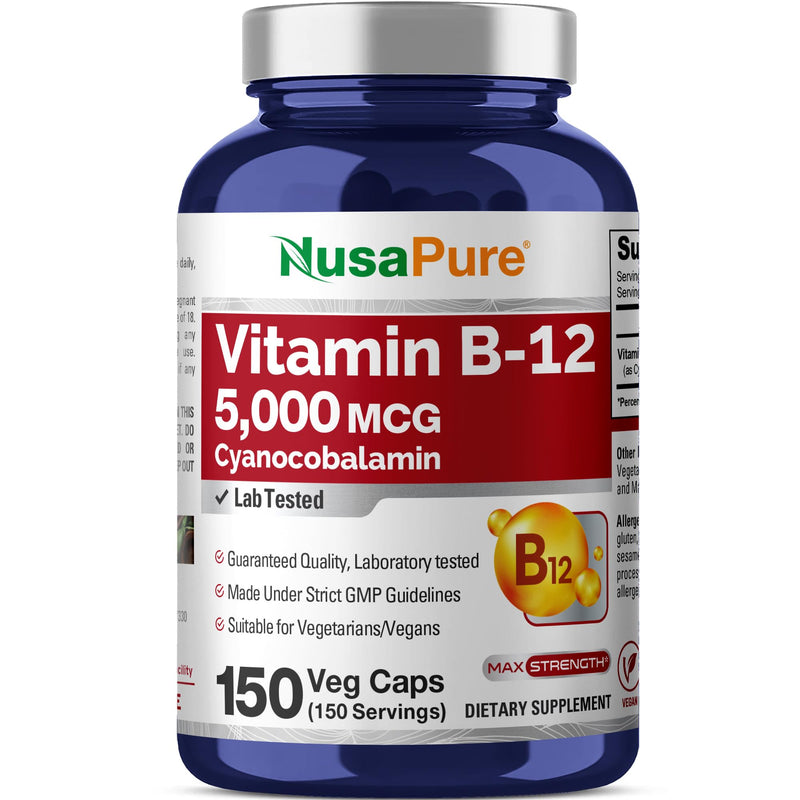 Vitamin B12, Max Strength, Non-GMO, Vegan, 5000mcg, 150 Caps - 150 Servings | Dietary Supplement Formula, Max Strength Cyanocobalamin, Suitable for Adults, Manufactured in cGMP Registered Facility USA