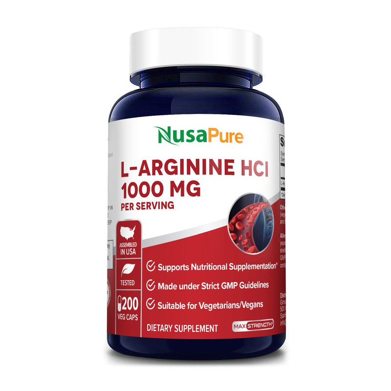 [Australia] - NusaPure L-Arginine 1000 mg 200 Veggie Capsules (Non-GMO, Vegetarian, Gluten Free) 