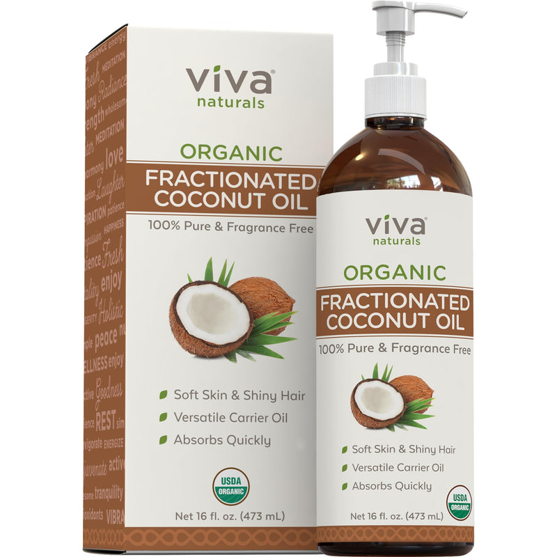 [Australia] - Viva Naturals Organic Fractionated Coconut Oil - Skin & Hair Moisturizer, Relaxing Massage and Body Oil, Carrier Oil for Essential Oils Mixing, Pure Non-Greasy Coconut Oil for Skin and Hair, 16 fl oz 