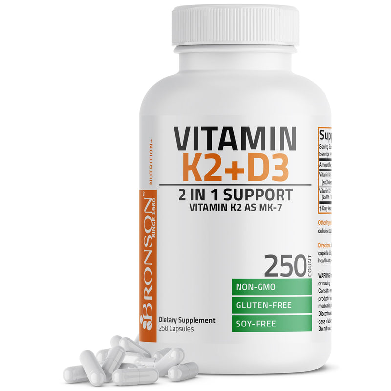Bronson Vitamin K2 D3 (MK7) Supplement 2-in1 D3 & K2 Complex, 250 Capsules | Bone, Immune & Heart Health Support, Gluten Free, Soy Free, Non-GMO, Vitamin D3 5000IU (125 mcg) & 90 mcg K2 MK-7 250 Count (Pack of 1)