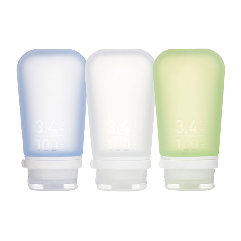humangear GoToob+ 3-Pack, Large (3.4 fl oz), Clear/Green/Blue | Refillable & Leak-Proof Silicone Travel Size Bottles with Locking Cap for Toiletries, Camping & TSA Carry-On 3.4 Ounces