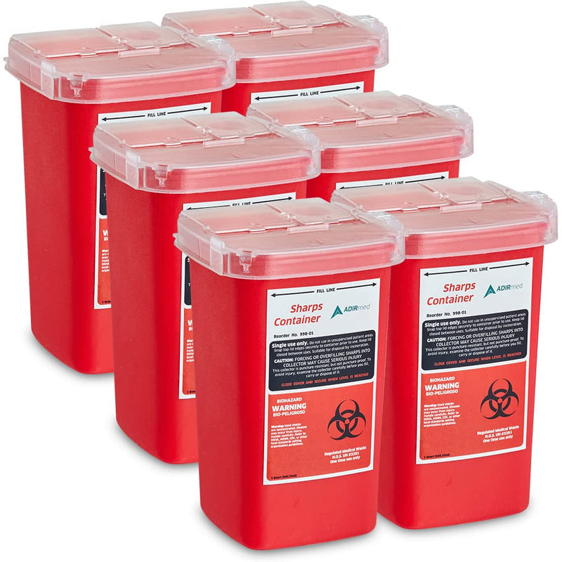 [Australia] - AdirMed Sharps Disposal Container with Flip Open Lid - Biohazard and Syringe Disposal Container - Ideal for Home, Clinic, Office, Barber Use with Flip-Open - (1 Quart, 6-Pack) 1 Quart 32 Fl Oz (Pack of 6) 