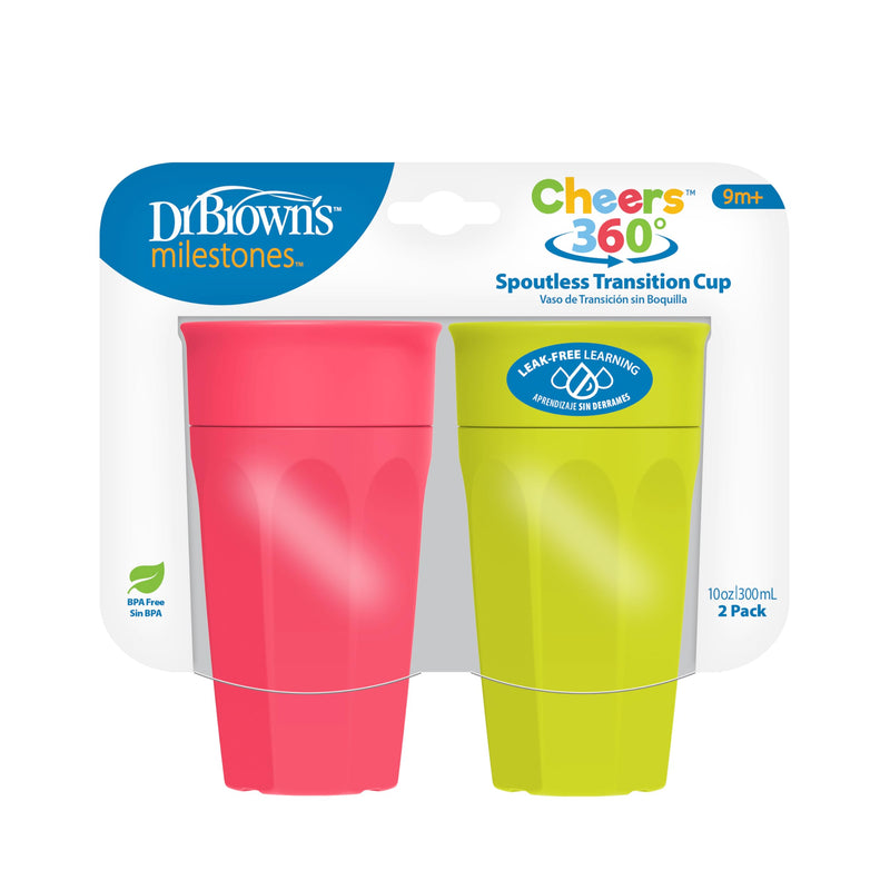 [Australia] - Dr. Brown's Milestones Cheers 360 Spoutless Transition Cup, Travel Friendly and Leak Free Sippy for Babies and Toddlers, Green and Pink, BPA-Free, 10 oz/300 mL, 9m+ 10 Ounces 