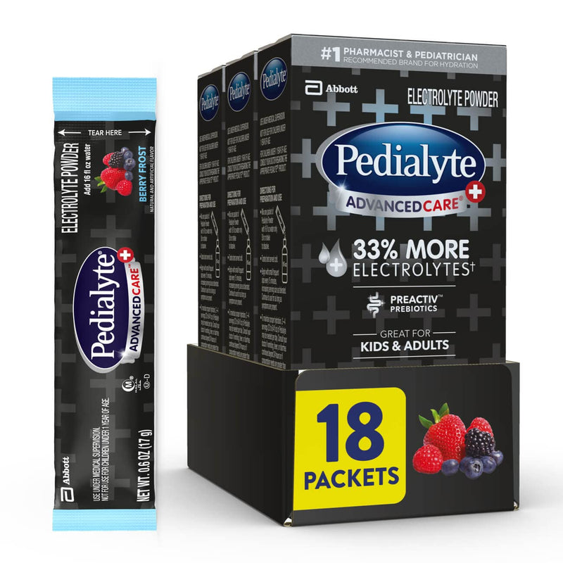 [Australia] - Pedialyte AdvancedCare Plus Electrolyte Powder, with 33% More Electrolytes and PreActive Prebiotics, Berry Frost, Drink Powder Packets, 0.6 oz, 18 Count 18 Count (Pack of 1) 