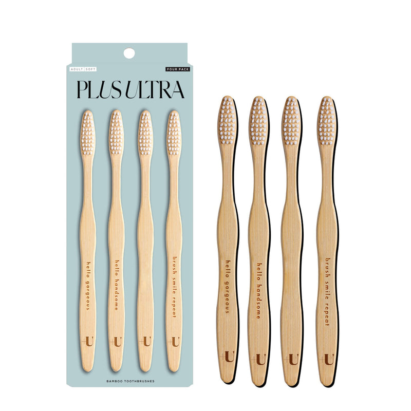 Biodegradable and Eco-Friendly Bamboo Toothbrush 4-Pack - BPA Free Soft Bristle - Dentist-Approved and All-Natural with Positive Affirmations Etched on Handles by Plus Ultra 4 Count (Pack of 1)