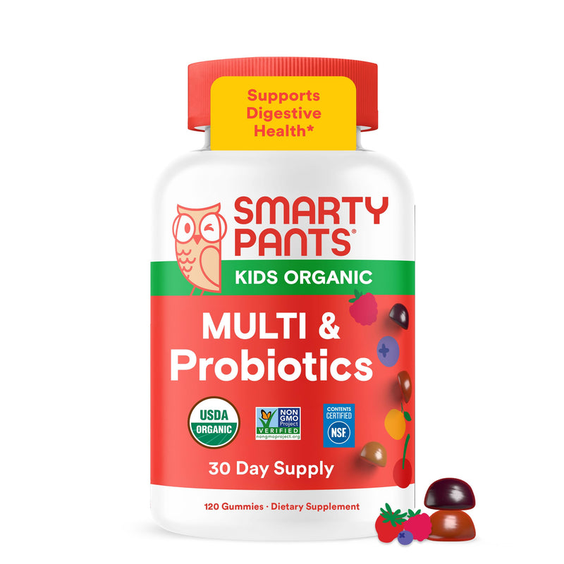 SmartyPants Organic Kids Multivitamin Gummies: Probiotics, Omega 3 (ALA), Vitamin D3, C, Vitamin B12, B6, A, K & Zinc for Immune Support, Biotin, Three Fruit Flavors, 120 Count (30 Day Supply) 30 Servings Organic + Probiotics