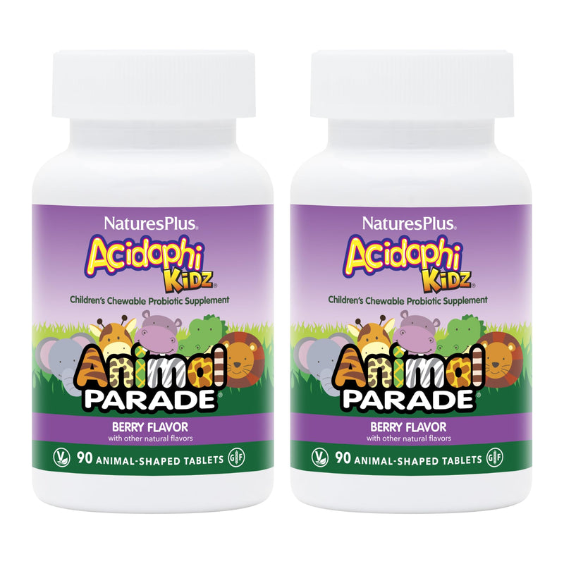 [Australia] - NaturesPlus Animal Parade AcidophiKidz, Berry Flavor - 90 Chewable, Animal-Shaped Tablets - Pack of 2 - with Probiotics, FOS & Grape Seed - 180 Total Servings 